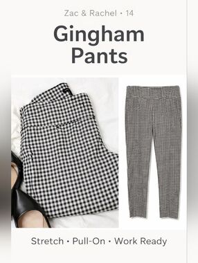 Zac & Rachel Black White Gingham Pants Size 14 Pull-On Stretch Career Casual
